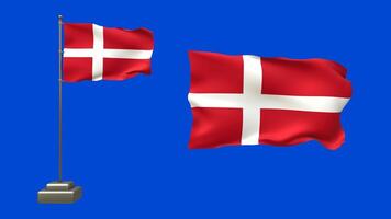 3D animation displaying two Danish flags on a blue background. One flag flaps on a pole with lifelike motion, while the other floats serenely, waving without any pole video