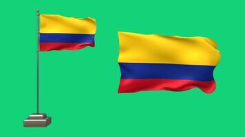 3D animation featuring two Colombia flags on a green background. One flag flaps on a pole with natural motion, while the other gently flutters without a pole video