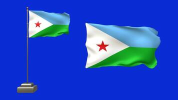 3D animation featuring two Djiboutian flags on a blue background. One flag flutters on a pole with realistic motion, while the other waves gently without support video