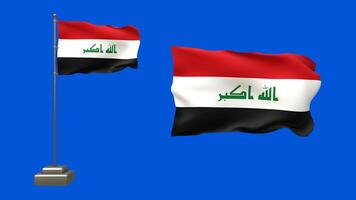 3D animation of two Iraq flags on a blue background. One flag waves on a pole with realistic motion, while the other flutters freely without a pole video