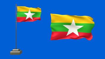 Vibrant representation of Myanmar's national flag fluttering against a bright blue backdrop, showcasing national pride and identity video