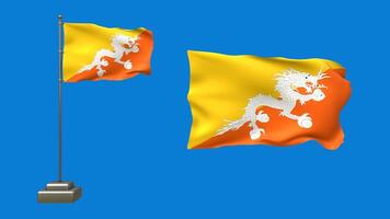 3D animation showcasing two Bhutanese flags on a blue backdrop. One flag gracefully waves on a pole with realistic motion, while the other hovers freely without support video