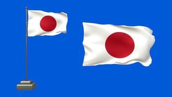 3D animation of two Japanese flags on a blue background. One flag flutters on a waving pole with lifelike motion, while the other waves freely without support video