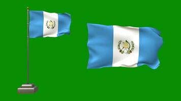 3D animation featuring two Guatemalan flags on a green background. One flag flutters on a waving pole with lifelike motion, while the other waves gently without support video