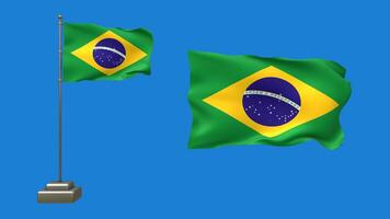 3d animação do dois brasileiro bandeiras em uma azul fundo. 1 bandeira vibra em uma acenando pólo, enquanto a de outros flutua livremente sem Apoio, suporte video
