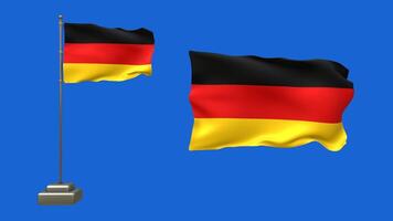 3D animation of two German flags on a blue background. One flag flutters on a waving pole, while the other waves gently without any support video