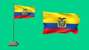 3D animation of two Ecuadorian flags on a green background. One flag flutters on a pole with lifelike motion, while the other waves freely without any pole video