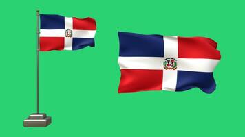 3D animation of two Dominican Republic flags on a green background. One is on a waving pole with realistic motion, and the other floats freely without a pole, symbolizing the country. 3d rendering video