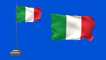 3D animation of two Italian flags on a blue background. One flag flutters on a waving pole with lifelike motion, while the other waves gently without support video