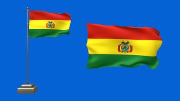 3D animation of two Bolivian flags on a blue background. One waves on a pole, the other floats freely video
