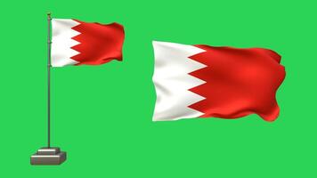 3d animazione con Due Bahrein bandiere su un' verde sfondo. uno bandiera onde su un' polo con realistico movimento, mentre il altro galleggia liberamente senza un' polo video