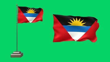 3D animation featuring two Antigua and Barbuda flags on a green background. One flag flutters on a waving pole with lifelike motion, while the other floats freely without a pole video