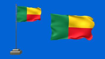 3D animation featuring two Benin flags on a blue background. One flag flutters on a waving pole with lifelike motion, while the other floats freely without a pole video
