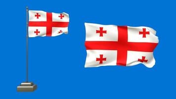 3D animation of two Georgian flags on a blue background. One flag flutters on a pole with lifelike motion, while the other waves gently without support video