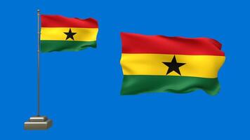 Two Ghanaian flags on a blue background in 3D animation. One flag flutters on a pole with lifelike motion, while the other waves gently without support video