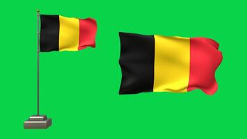 3D animation featuring two Belgian flags on a green background. One flag flutters on a waving pole with lifelike motion, while the other floats freely without a pole video