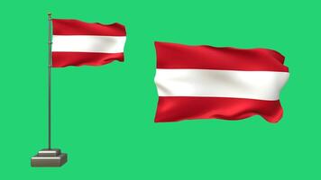 3D animation featuring two Austrian flags on a green background. One flag waves on a pole with realistic motion, while the other floats freely without a pole video