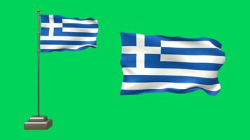 3D animation featuring two Greek flags on a green background. One flag flutters on a waving pole, while the other waves gently without any support video