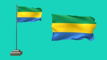 3d animering av två gabonesiska flaggor på en grön bakgrund. ett flagga fladdrar på en Pol med realistisk rörelse, medan de Övrig vågor fritt utan en Pol video