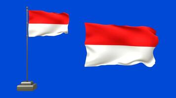3D animation of two Indonesian flags on a blue background. One flag flutters on a waving pole, while the other floats freely without support video
