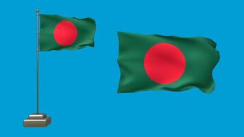 3D animation featuring two Bangladesh flags on a blue background. One flag waves on a pole with realistic motion, while the other floats freely without a pole video