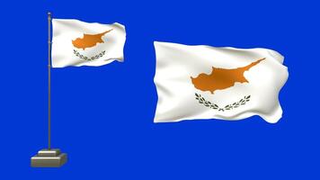 3D animation showcasing two Cyprus flags on a blue background. One flag waves on a pole with smooth motion, while the other gently flutters in place without support video