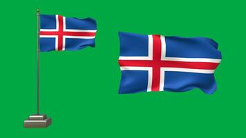Two Icelandic flags in 3D animation on a green background. One flag flutters on a waving pole with realistic motion, while the other waves freely without a pole video