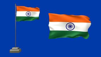 3D animation featuring two Indian flags on a blue background. One flag flutters on a waving pole with lifelike motion, while the other waves gently without support video