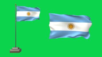 3D animation featuring two Argentine flags on a green background. One flag waves on a pole with realistic motion, while the other floats freely without a pole, symbolizing Argentina's national pride video