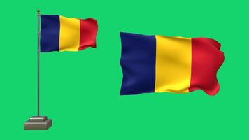 3D animation of two Chadian flags on a green background. One flag waves on a pole with lifelike motion, while the other flutters without a pole video