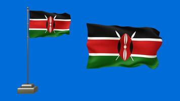 3D animation featuring two Kenyan flag on a blue background. One flag flutters on a waving pole with realistic motion, while the other waves gently without support video