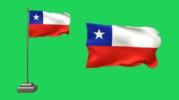 3D animation featuring two Chile flags on a green background. One flag waves on a pole with realistic motion, while the other flutters freely without a pole video