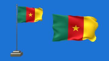 3D animation featuring two Cameroon flags on a blue background. One flag flutters on a pole with realistic motion, while the other remains still, gently waving without support video