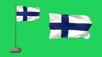 3D animation of two Finnish flags on a green background. One flag flutters on a pole with lifelike motion, while the other waves gently without a pole video