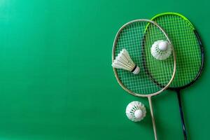 Top angle view of badminton rackets and shuttlecocks over green background. copy space photo