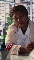 Vertical Ambitious female entrepreneur focuses on strategic planning, setting a clear vision and goals for the corporation and aligning resources to achieve sustainable growth. Determination. Camera B. video