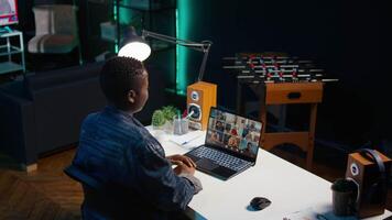 Remote employee calls managers remotely using internet videocall to ask for feedback on project progress. Teleworker at home requesting assistance from coworkers in teleconference meeting, camera B video