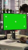 Vertical Professional employee analyzing business data on pc next to copy space screen, financial planning and budgeting supports company goals. Effective general management within the enterprise. Camera B. video