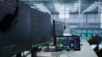 Devices in data center employing machine learning technology to maintain company network infrastructure. Advanced tech used in server hub to ensure optimal system performance video