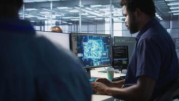 African american worker in data center implements advanced AI driven predictive maintenance systems. Engineer using artificial intelligence to identify hardware failures impacting operations, camera A video