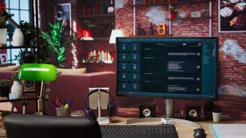 Focus on AI LLM chatbot GPT software on PC monitor in modern home office. Jib down shot of large language model application on computer display communicating with user through artificial intelligence video