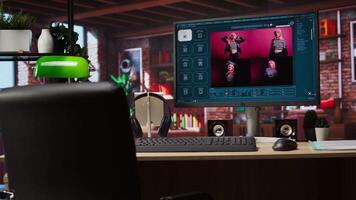 Computer in home office uses artificial intelligence generating images from basic text prompts. AI GPT generating photographs using computer vision and natural language processing, jib up shot video