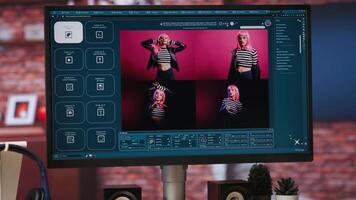 Computer screen in apartment showing artificial intelligence generating images from basic text prompts, close up. PC display with AI GPT generating photographs, handheld camera shot video