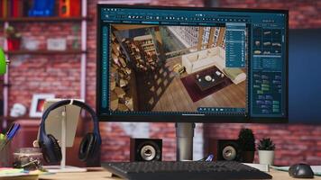 Assets being moved in 3D modeling program in rendered apartment for interior design project, handheld camera shot. Close up of CAD program used for modelling room virtual furniture video