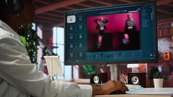 Woman in home office using AI software turning text prompt into photos. Person in apartment using text to image artificial intelligence generator transforming words into pictures, camera A video