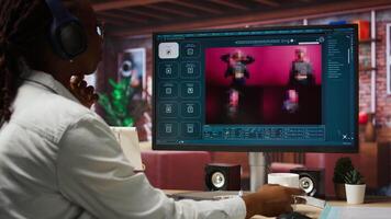 Graphic designer designing UX for AI software turning text prompt into photos. IT specialist drinking coffee using machine learning tech to build text to image models, camera A video