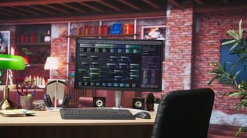 Programming software UI on computer monitor in apartment office. Machine learning application on PC screen used to write and test code in modern apartment, handheld camera shot video
