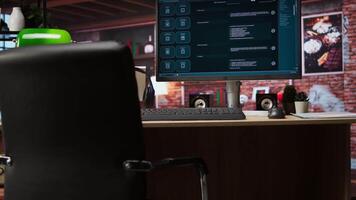 AI LLM chatbot software interface on PC in home office showing virtual assistant answering user prompts. Large language model program on monitor using artificial intelligence, jib up shot video