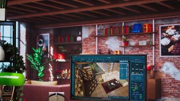 Assets being moved in 3D modeling program in rendered apartment for interior design project, jib down shot. Focus on CAD program used for modelling room virtual furniture video