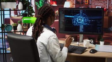 Overjoyed programmer happily clapping hands after finishing maintenance on neural networks. IT expert doing ecstatic fist pump in air hand gesture after successful checkup on AI systems, camera A video